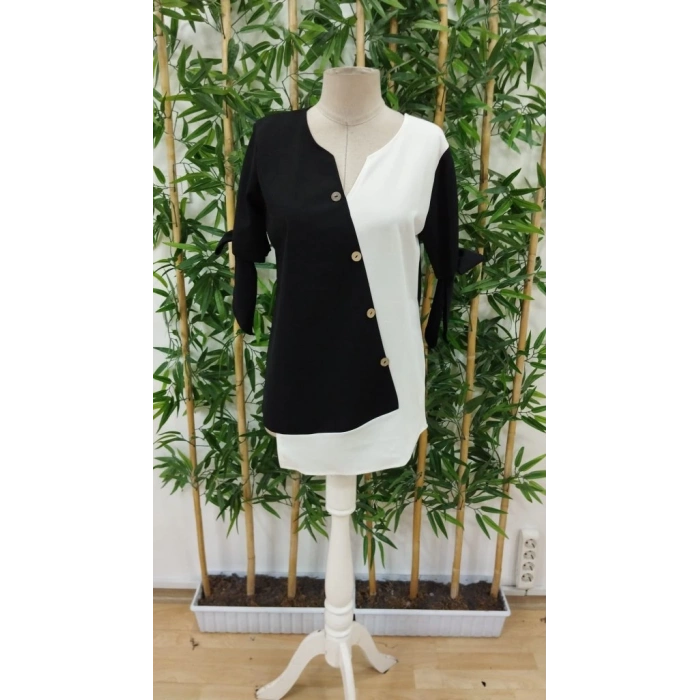 Kadın Kısa Kollu Kollardan Bağlamalı önden Asimetrik Kesim çift Renk Detaylı Düğmeli Ithal Krep Bluz