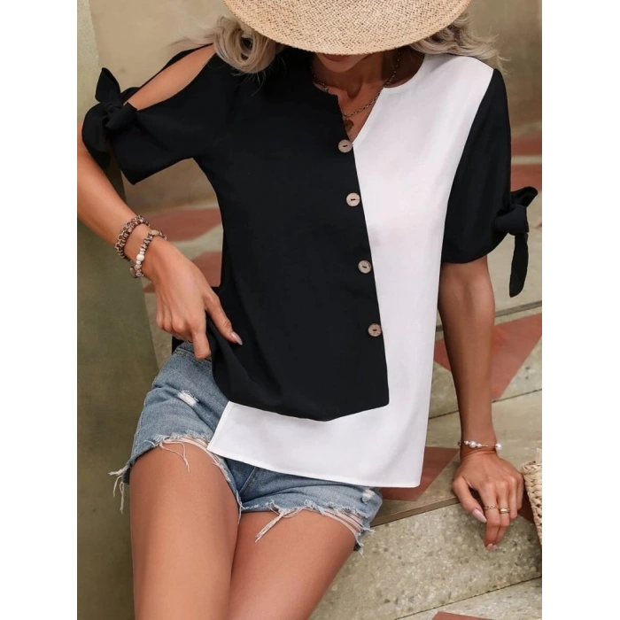 Kadın Kısa Kollu Kollardan Bağlamalı önden Asimetrik Kesim çift Renk Detaylı Düğmeli Ithal Krep Bluz