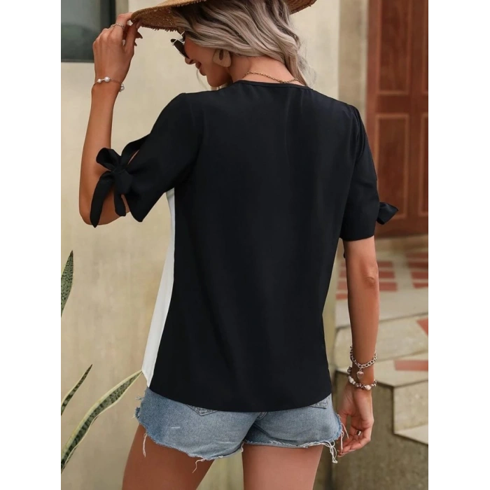 Kadın Kısa Kollu Kollardan Bağlamalı önden Asimetrik Kesim çift Renk Detaylı Düğmeli Ithal Krep Bluz