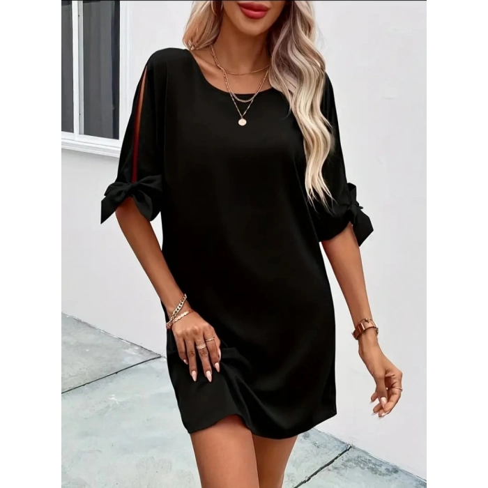 Kadın Kısa Kollu Kolu Bağlamalı Yakası Açık Janjan Elbise