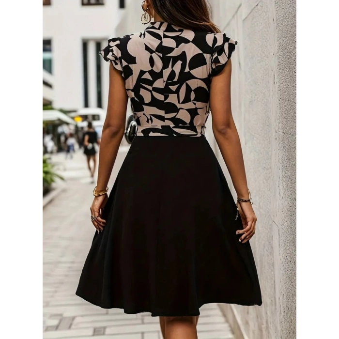 Kadın Kısa Kollu Kolu Fırfır Detay Mini Kuşaklı Kloş Krep Elbise