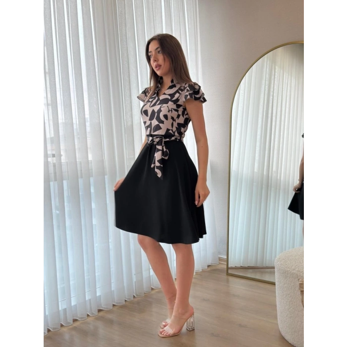 Kadın Kısa Kollu Kolu Fırfır Detay Mini Kuşaklı Kloş Krep Elbise