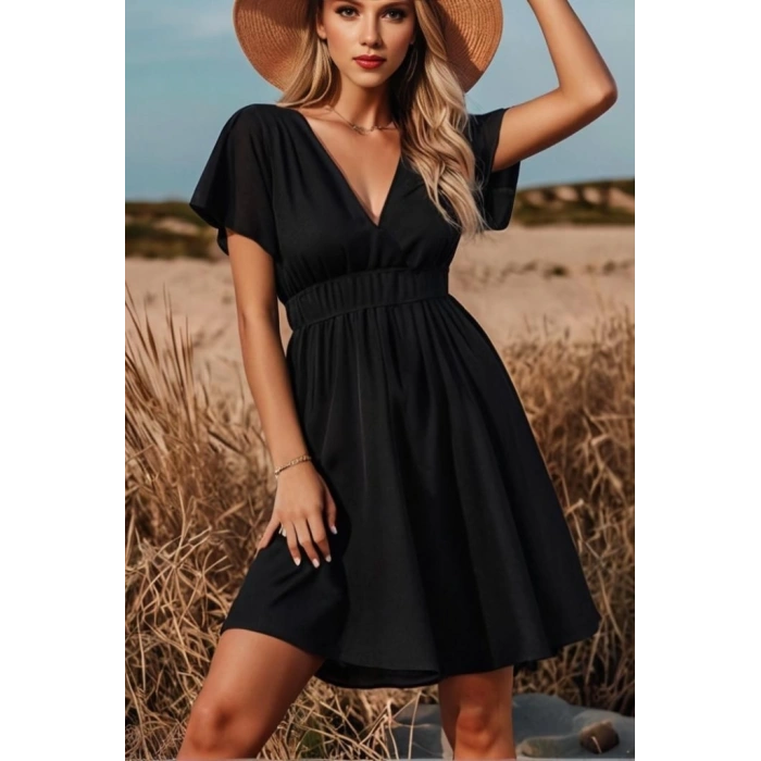 Kadın Kısa Kollu Kruvaze Yaka Beli Gipeli Bürümcük Elbise