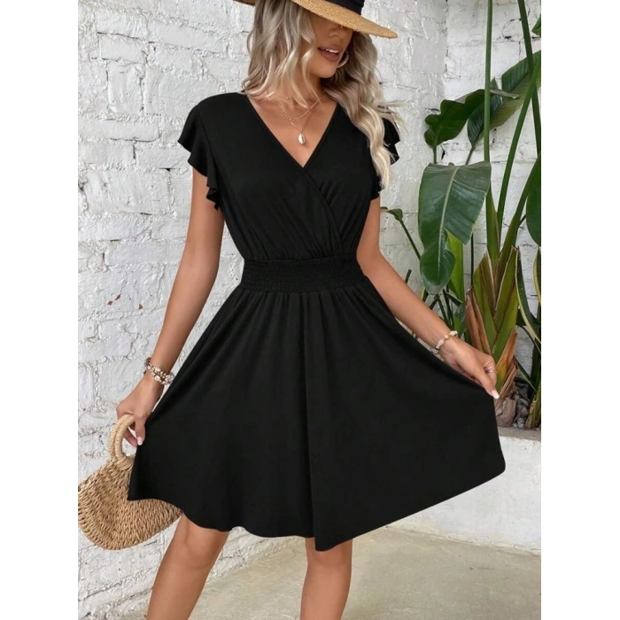 Kadın Kısa Kollu Kruvaze Yaka Beli Gipeli Bürümcük Elbise