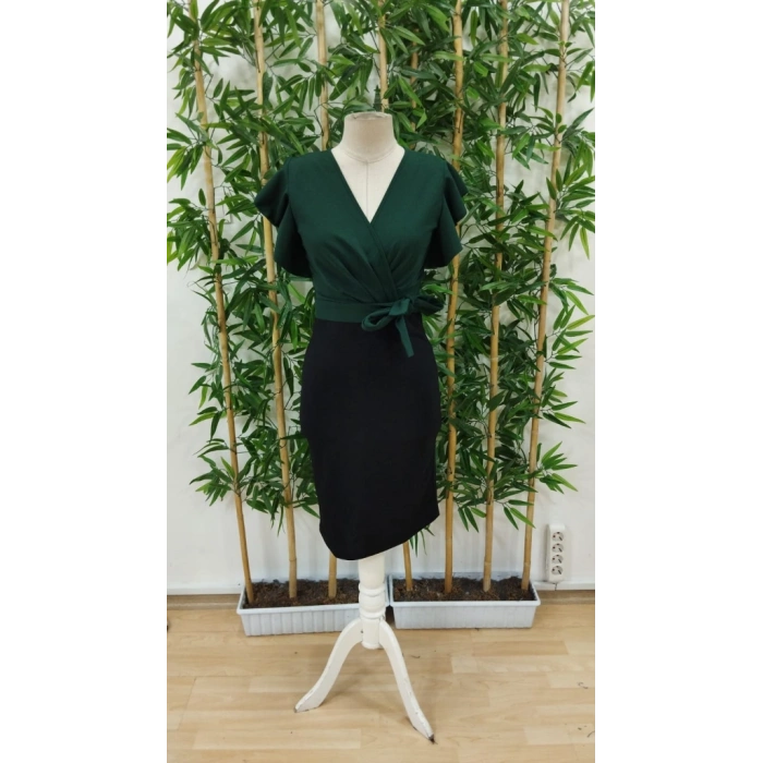 Kadın Kısa Kollu Kruvaze Yaka Beli Kuşaklı Blok Desenli Ithal Krep Elbise