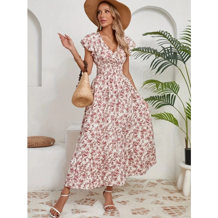 Kadın Kısa Kollu Kruvaze Yaka Beli Lastikli çiçek Desenli Elbise