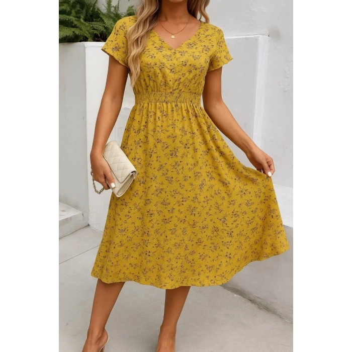Kadın Kısa Kollu Kruvaze Yaka Beli Lastikli çiçek Desenli Elbise
