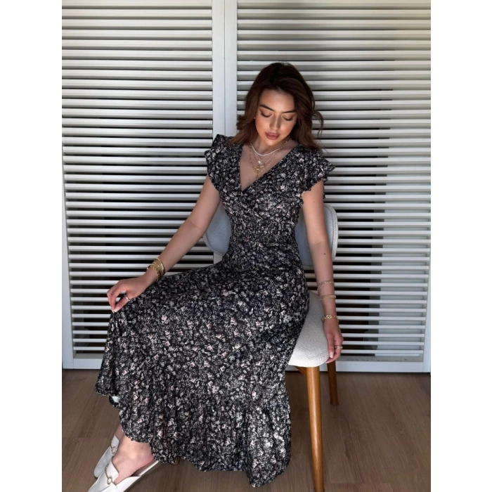 Kadın Kısa Kollu Kruvaze Yaka Beli Lastikli çiçek Desenli Elbise