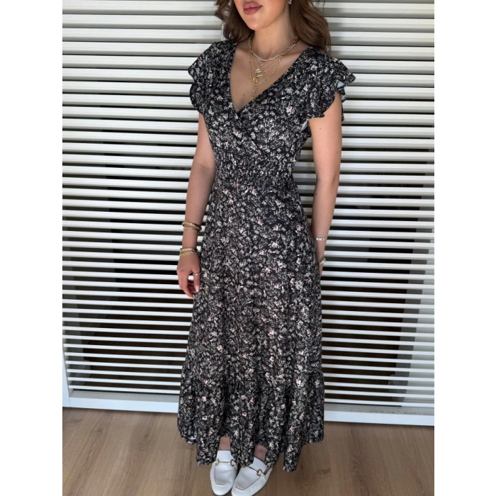 Kadın Kısa Kollu Kruvaze Yaka Beli Lastikli çiçek Desenli Elbise