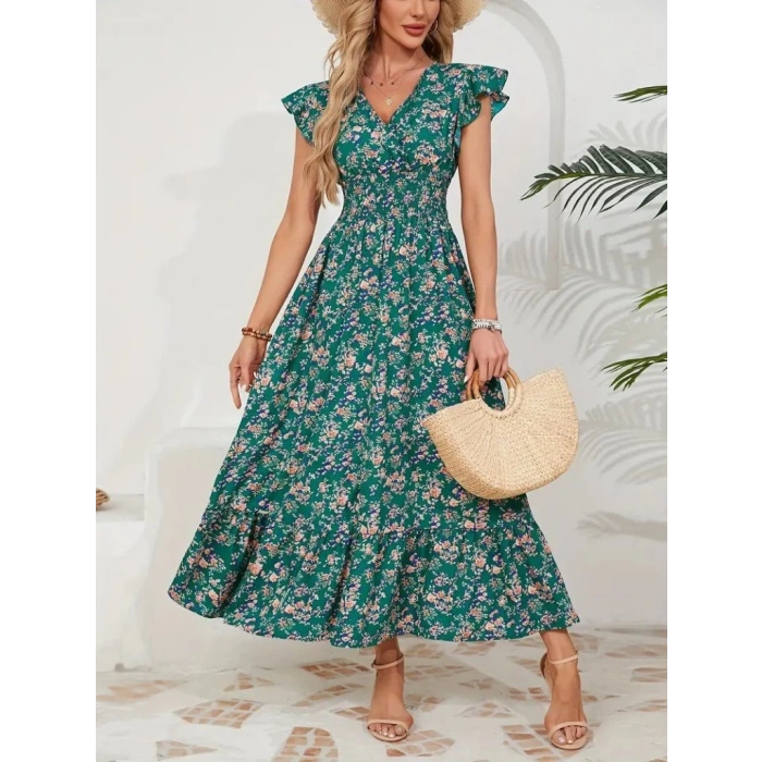 Kadın Kısa Kollu Kruvaze Yaka Beli Lastikli çiçek Desenli Elbise