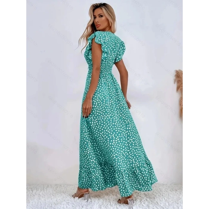 Kadın Kısa Kollu Kruvaze Yaka Beli Lastikli çiçek Desenli Elbise