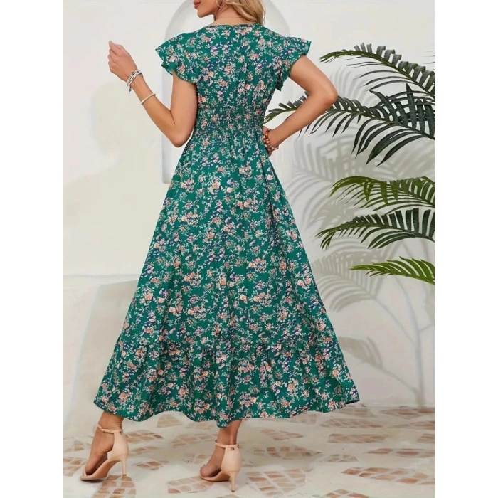 Kadın Kısa Kollu Kruvaze Yaka Beli Lastikli çiçek Desenli Elbise