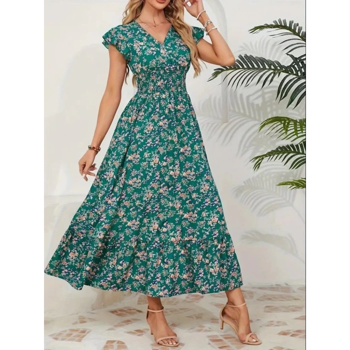 Kadın Kısa Kollu Kruvaze Yaka Beli Lastikli çiçek Desenli Elbise