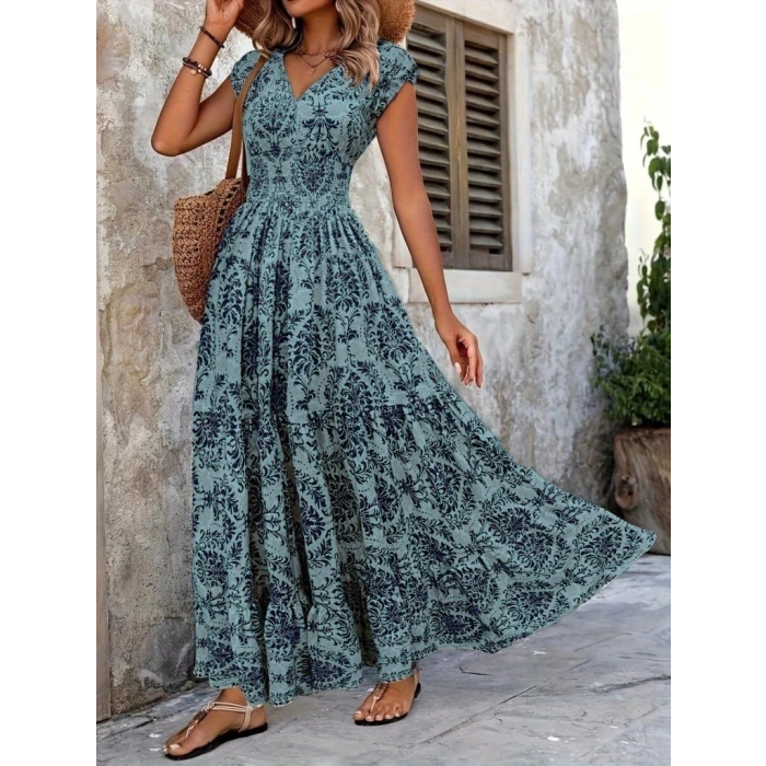 Kadın Kısa Kollu Kruvaze Yaka Beli Lastikli Süprem Maksi Boy Elbise