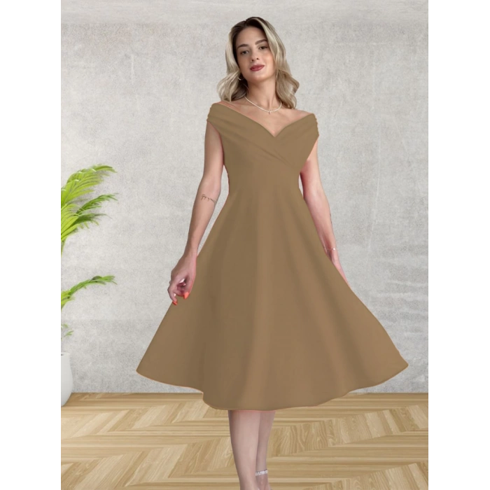 Kadın Kısa Kollu Kruvaze Yaka Eteği Volanlı Krep Elbise