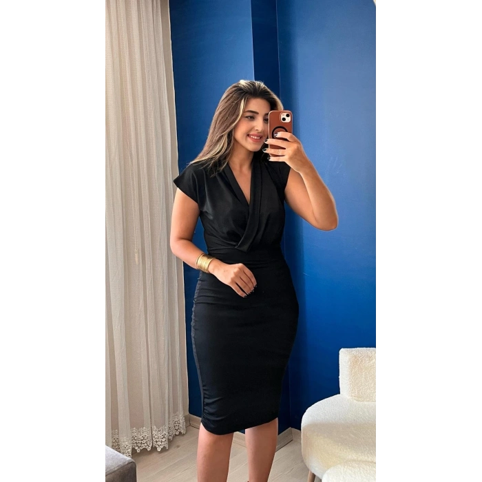 Kadın Kısa Kollu Kruvaze Yaka Krep Elbise (Kemersiz)