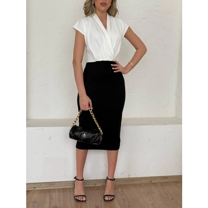 Kadın Kısa Kollu Kruvaze Yaka Krep Elbise (Kemersiz)