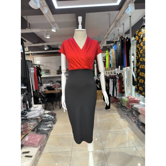 Kadın Kısa Kollu Kruvaze Yaka Krep Elbise (Kemersiz)