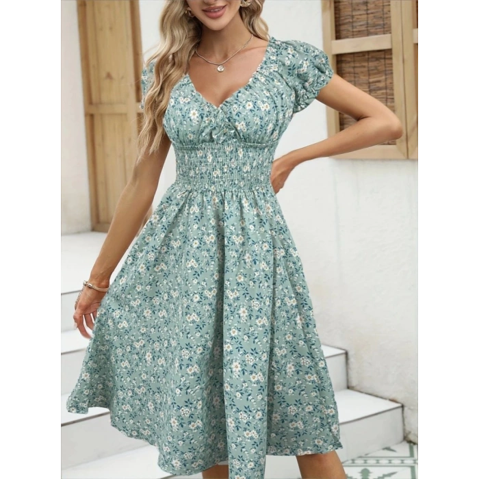 Kadın Kısa Kollu Kruvaze Yaka Lastikli Belden Gipeli çiçek Desenli Suprem Elbise