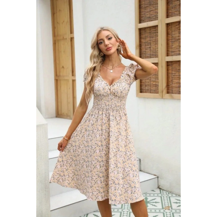 Kadın Kısa Kollu Kruvaze Yaka Lastikli Belden Gipeli çiçek Desenli Suprem Elbise
