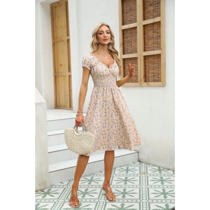 Kadın Kısa Kollu Kruvaze Yaka Lastikli Belden Gipeli çiçek Desenli Suprem Elbise