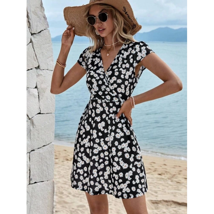 Kadın Kısa Kollu Kruvaze Yaka Papatya Baskılı Krep Elbise