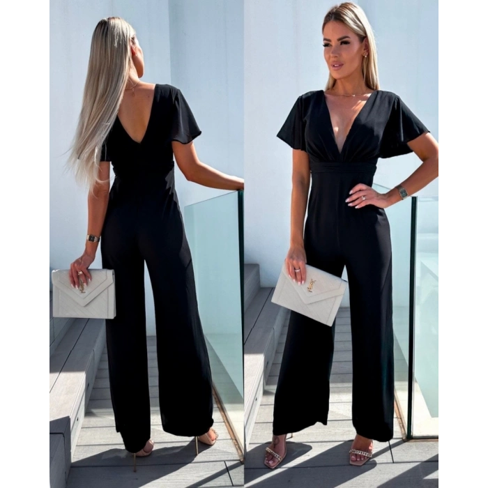 Kadın Kısa Kollu Kruvaze Yaka Sırt Dekolteli Pegasus Kumaş Tulum