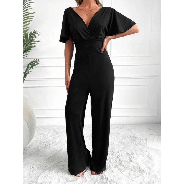 Kadın Kısa Kollu Kruvaze Yaka Sırt Dekolteli Pegasus Kumaş Tulum