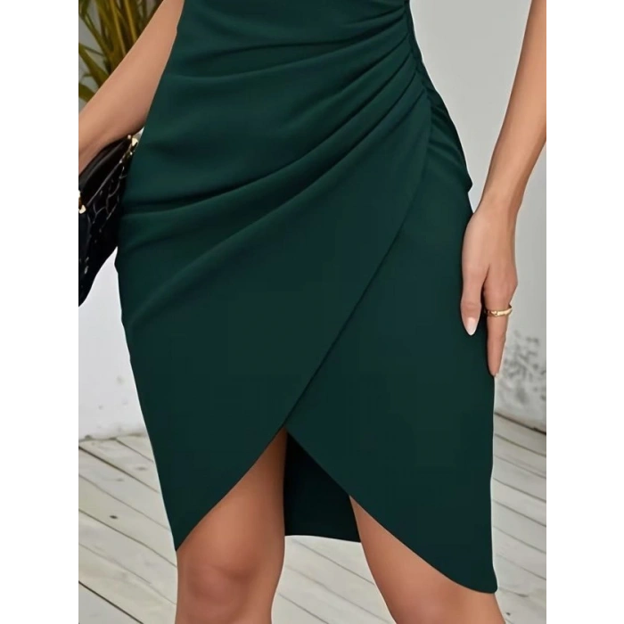 Kadın Kısa Kollu Kruvaze Yakalı Asımetrık Kesım Detaylı Kısa Ithal Krep Elbise