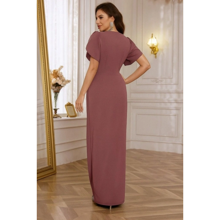 Kadın Kısa Kollu Kruvaze Yakalı Belden çiçek Aksesuarlı Yırtmaçlı Ithal Krep Elbise