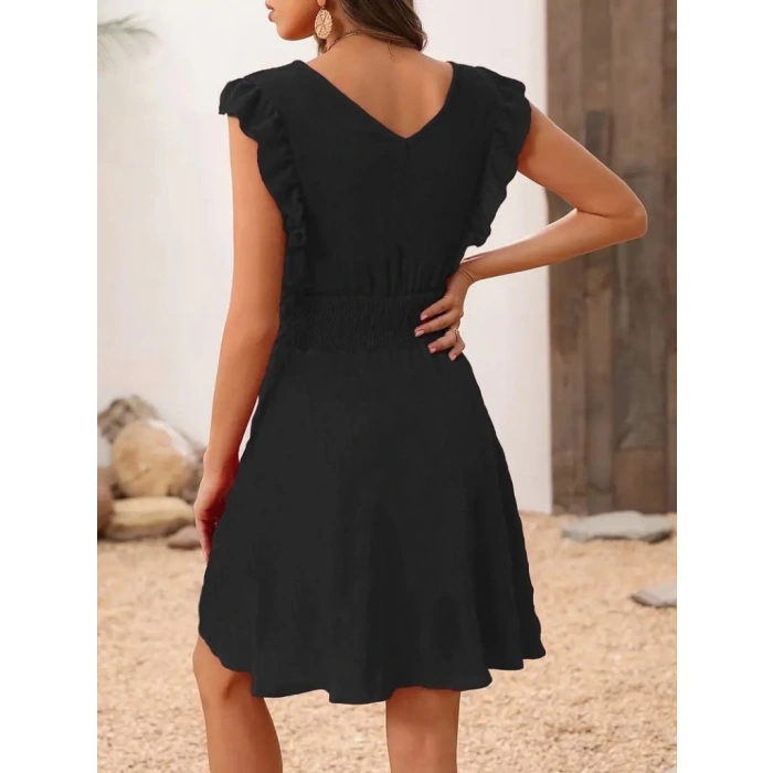 Kadın Kısa Kollu Kruvaze Yakalı Beli Lastikli Aerobin Elbise