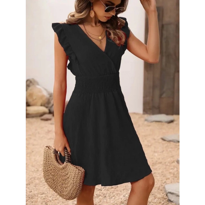 Kadın Kısa Kollu Kruvaze Yakalı Beli Lastikli Aerobin Elbise