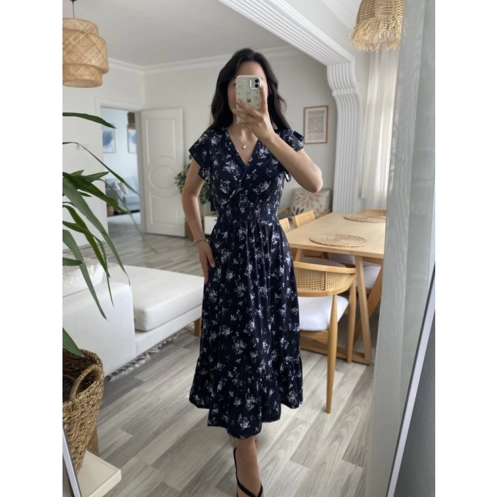 Kadın Kısa Kollu Kruvaze Yakalı Beli Lastikli çiçek Desenli Elbise