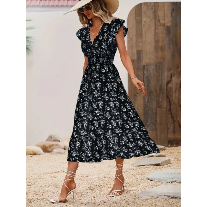 Kadın Kısa Kollu Kruvaze Yakalı Beli Lastikli çiçek Desenli Elbise