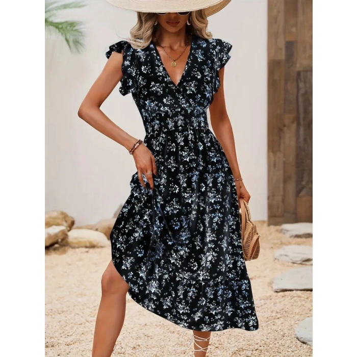 Kadın Kısa Kollu Kruvaze Yakalı Beli Lastikli çiçek Desenli Elbise