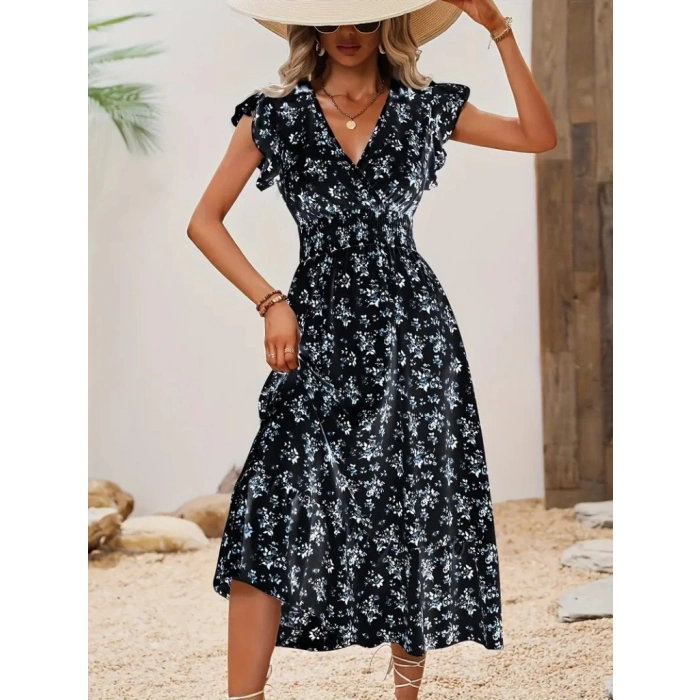 Kadın Kısa Kollu Kruvaze Yakalı Beli Lastikli çiçek Desenli Elbise