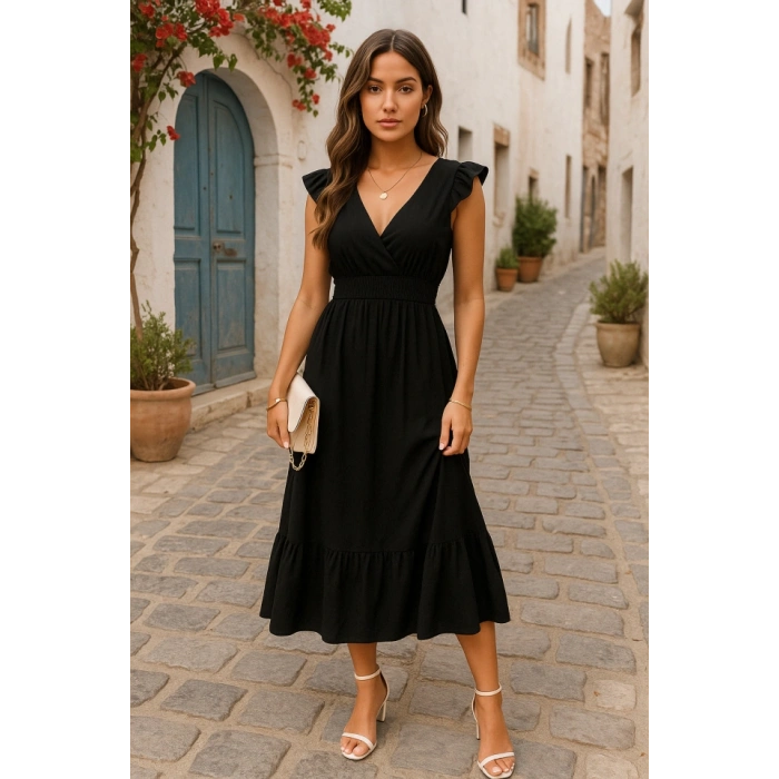 Kadın Kısa Kollu Kruvaze Yakalı Beli Lastikli Müslim Elbise