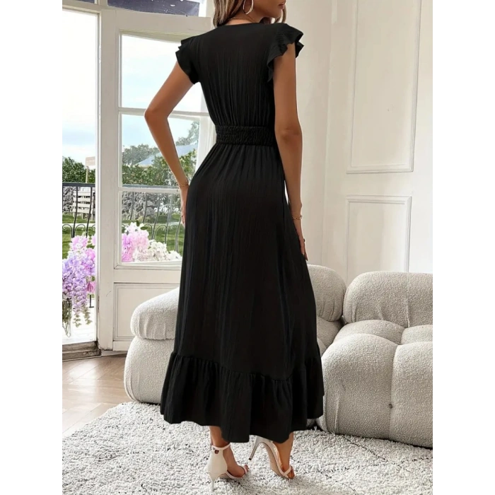 Kadın Kısa Kollu Kruvaze Yakalı Beli Lastikli Müslim Elbise