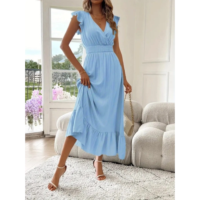 Kadın Kısa Kollu Kruvaze Yakalı Beli Lastikli Müslim Elbise