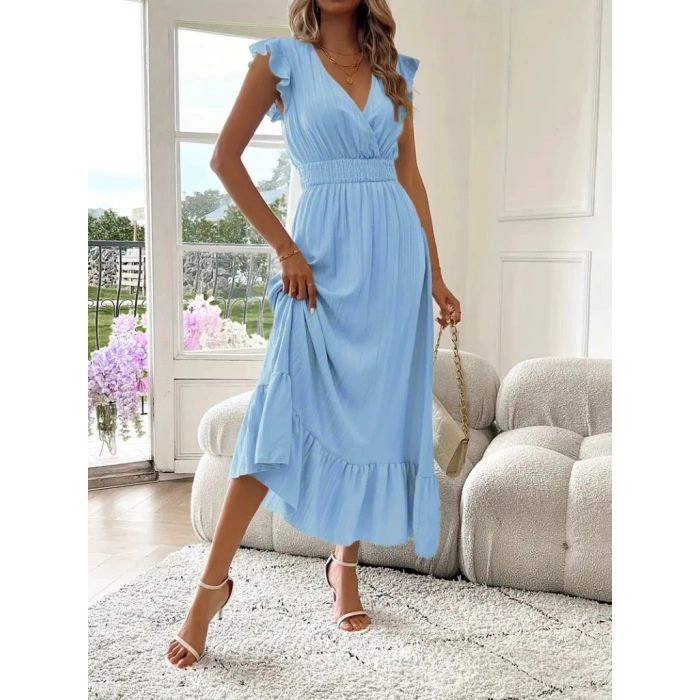 Kadın Kısa Kollu Kruvaze Yakalı Beli Lastikli Müslim Elbise