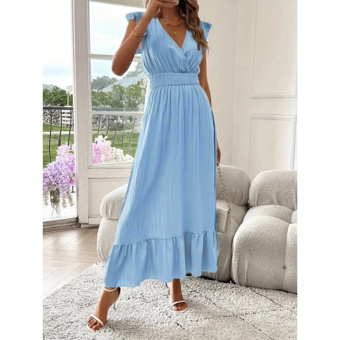 Kadın Kısa Kollu Kruvaze Yakalı Beli Lastikli Müslim Elbise