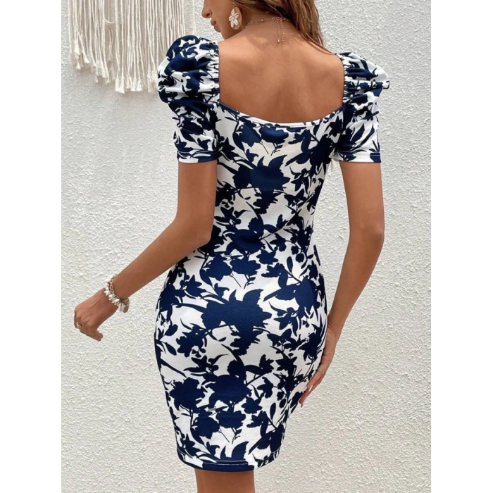 Kadın Kısa Kollu Kruvaze Yakalı çiçek Baskılı Süprem Elbise