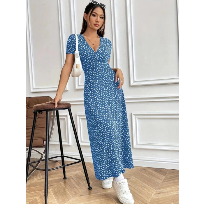 Kadın Kısa Kollu Kruvaze Yakalı çiçek Desenli Süprem Elbise