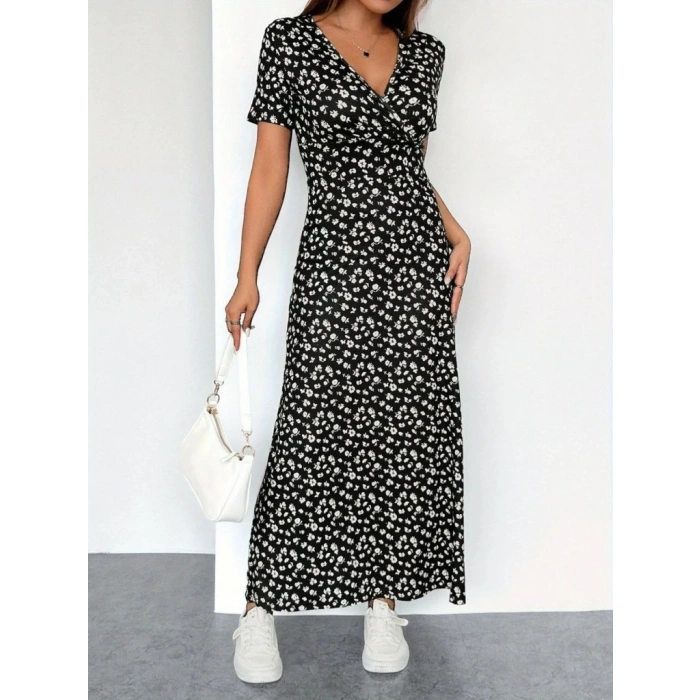 Kadın Kısa Kollu Kruvaze Yakalı çiçek Desenli Süprem Elbise