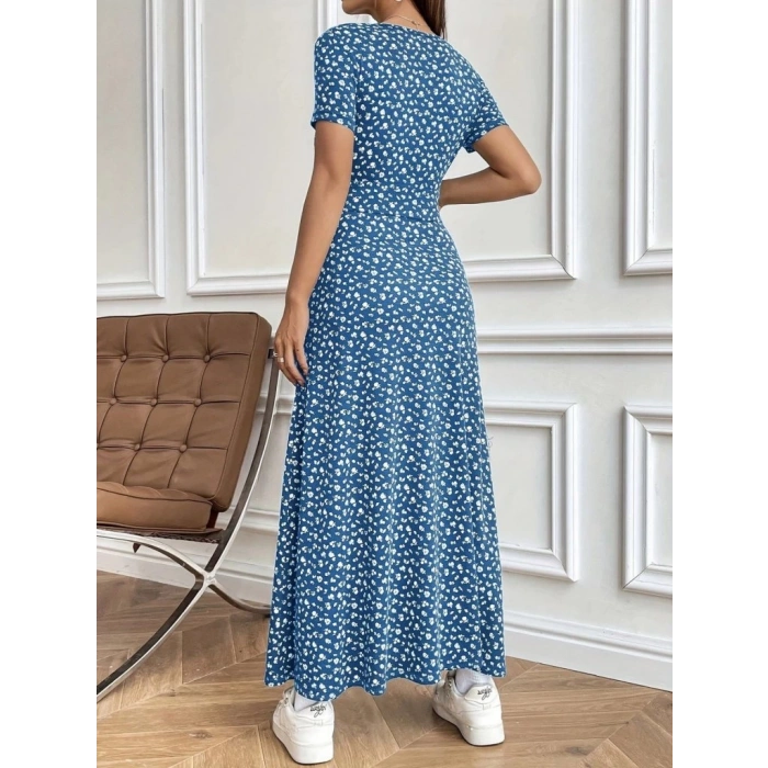 Kadın Kısa Kollu Kruvaze Yakalı çiçek Desenli Süprem Elbise