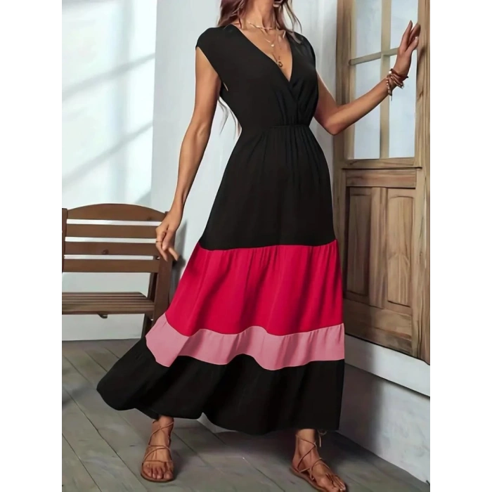 Kadın Kısa Kollu Kruvaze Yakalı çok Renkli Aerobin Elbise