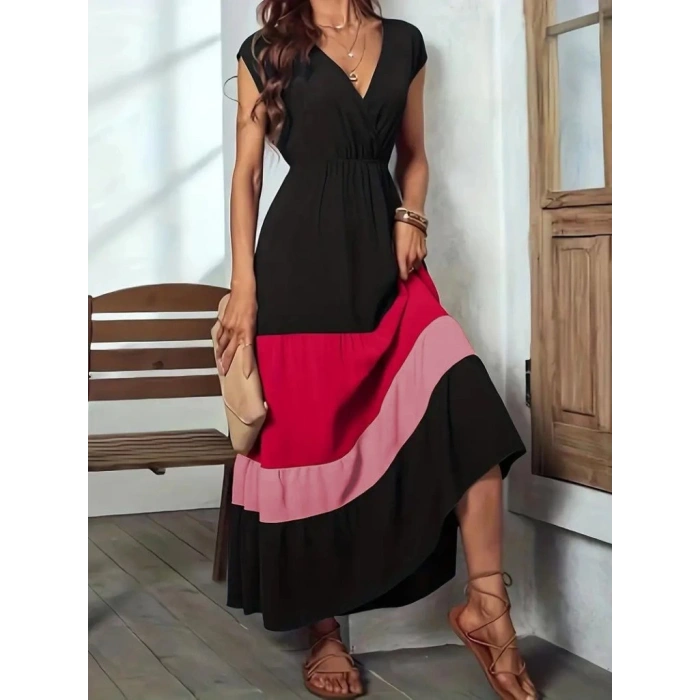 Kadın Kısa Kollu Kruvaze Yakalı çok Renkli Aerobin Elbise