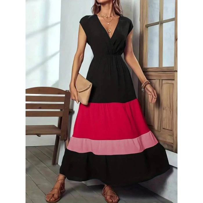 Kadın Kısa Kollu Kruvaze Yakalı çok Renkli Aerobin Elbise