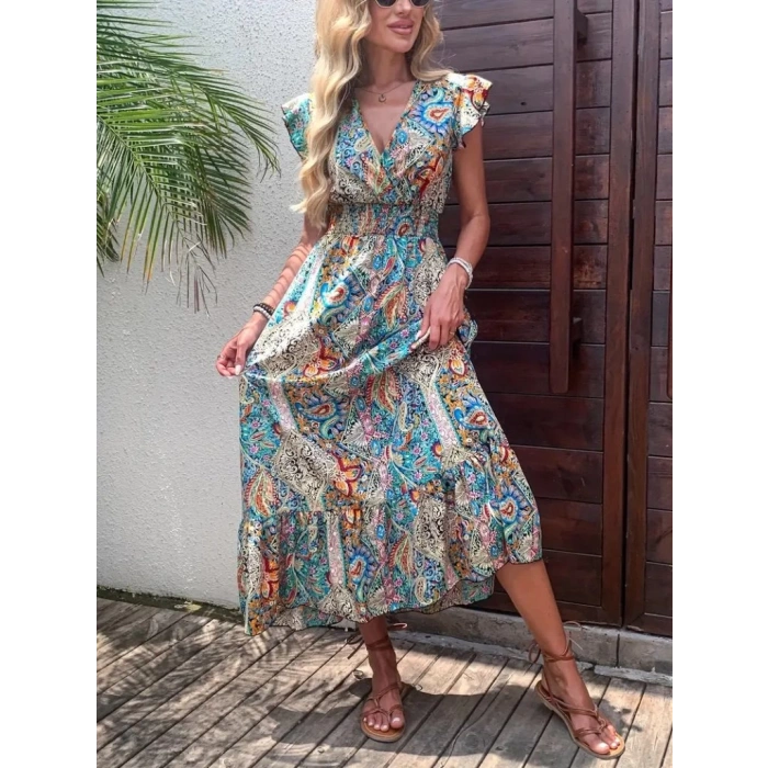 Kadın Kısa Kollu Kruvaze Yakalı Desenli Maxi Elbise