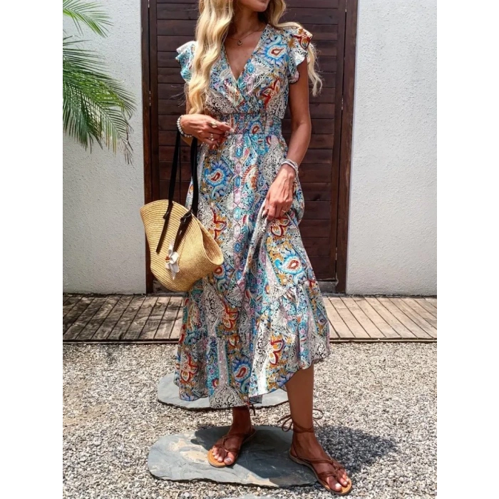 Kadın Kısa Kollu Kruvaze Yakalı Desenli Maxi Elbise